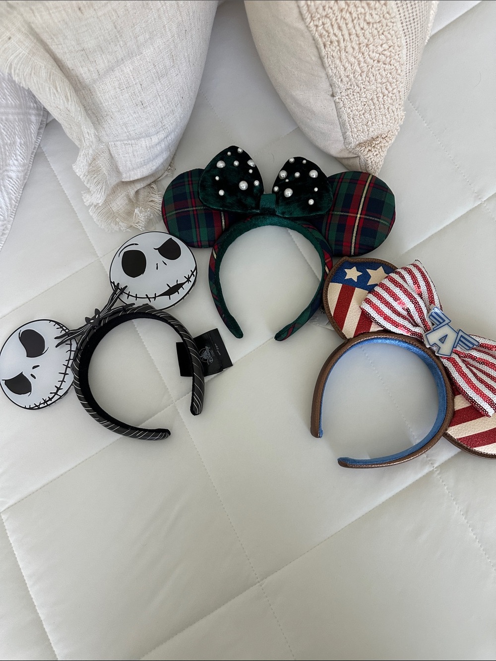 Disney Green Plaid Pearl Bow Mouse Ear Headband
